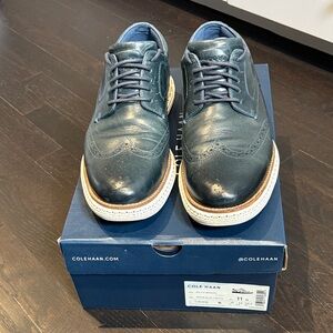 Cole Haan Navy Leather Wingtip Derby Shoes with White Sole